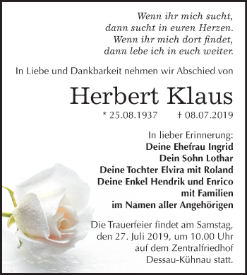 Traueranzeige von Herbert Klaus von Super Sonntag Dessau-Roßlau