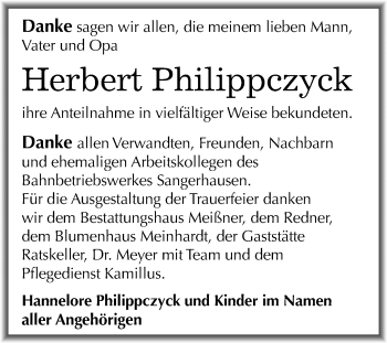 Traueranzeige von Herbert Philippczyck von Mitteldeutsche Zeitung Sangerhausen