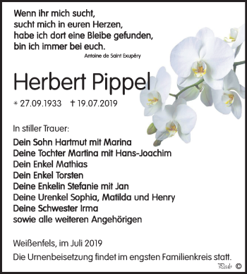 Traueranzeige von Herbert Pippel von Wochenspiegel Weißenfels