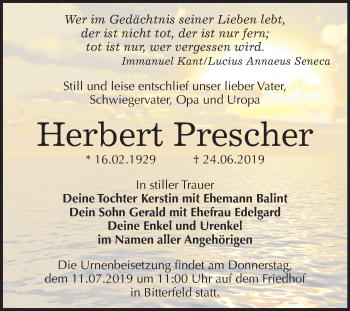 Traueranzeige von Herbert Prescher von Wochenspiegel Bitterfeld