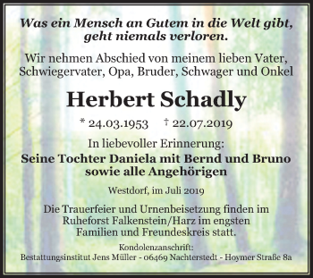 Traueranzeige von Herbert Schadly von Mitteldeutsche Zeitung Aschersleben