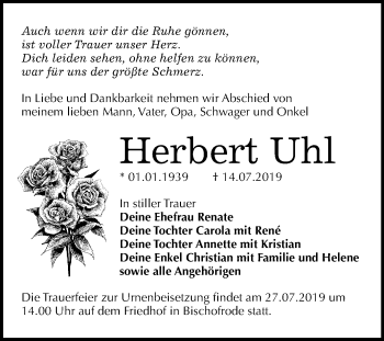 Traueranzeige von Herbert Uhl von Wochenspiegel Mansfelder Land