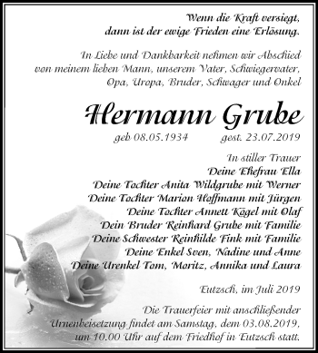Traueranzeige von Hermann Grube von Super Sonntag Wittenberg