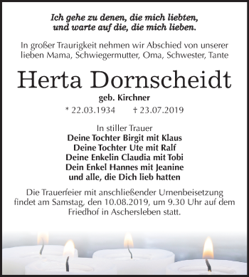 Traueranzeige von Herta Dornscheidt von Wochenspiegel Aschersleben