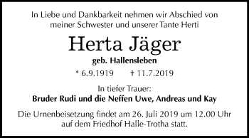 Traueranzeige von Herta Jäger von Mitteldeutsche Zeitung Halle/Saalkreis