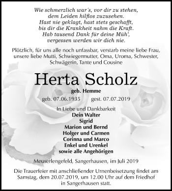 Traueranzeige von Herta Scholz von Super Sonntag Sangerhausen