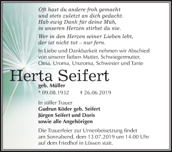 Traueranzeige von Herta Seifert von Super Sonntag Merseburg/Querfurt