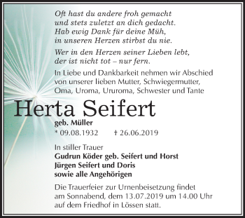 Traueranzeige von Herta Seifert von Mitteldeutsche Zeitung Merseburg/Querfurt