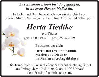 Traueranzeige von Herta Tiedtke von Super Sonntag Quedlinburg
