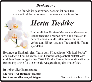 Traueranzeige von Herta Tiedtke von Mitteldeutsche Zeitung Quedlinburg