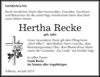 Traueranzeige von Hertha Recke von Wochenspiegel Merseburg/Querfurt