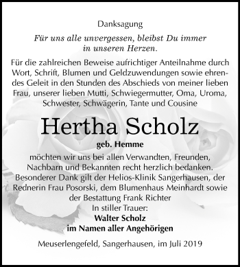 Traueranzeige von Hertha Scholz von Wochenspiegel Sangerhausen