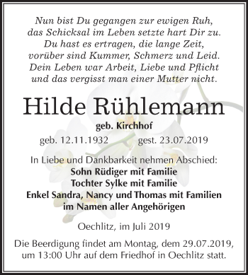 Traueranzeige von Hilde Rühlemann von Mitteldeutsche Zeitung Merseburg/Querfurt