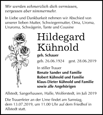 Traueranzeige von Hildegard Kühnold von Mitteldeutsche Zeitung Sangerhausen
