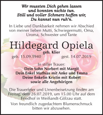 Traueranzeige von Hildegard Opiela von Mitteldeutsche Zeitung Köthen