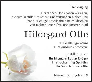 Traueranzeige von Hildegard Otte von Wochenspiegel Naumburg/Nebra