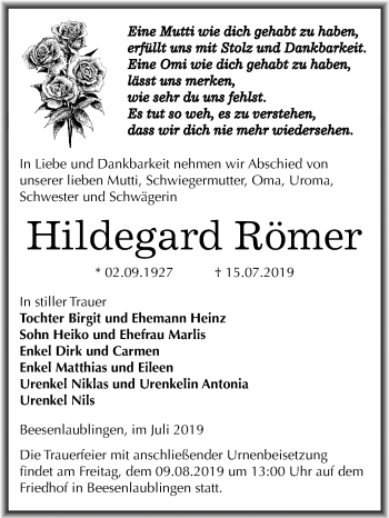Traueranzeige von Hildegard Römer von Super Sonntag Bernburg