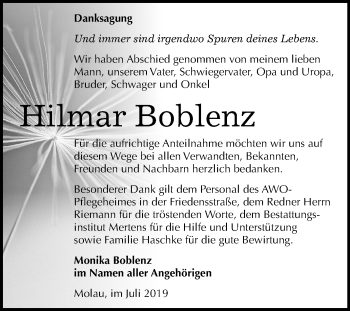 Traueranzeige von Hilmar Boblenz von Wochenspiegel Naumburg/Nebra