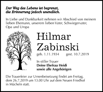 Traueranzeige von Hilmar Zabinski von Super Sonntag Merseburg/Querfurt