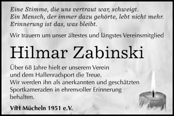 Traueranzeige von Hilmar Zabinski von Mitteldeutsche Zeitung Merseburg/Querfurt