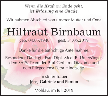 Traueranzeige von Hiltraut Birnbaum von Super Sonntag Wittenberg