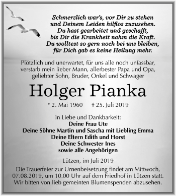 Traueranzeige von Holger Pianka von Wochenspiegel Weißenfels