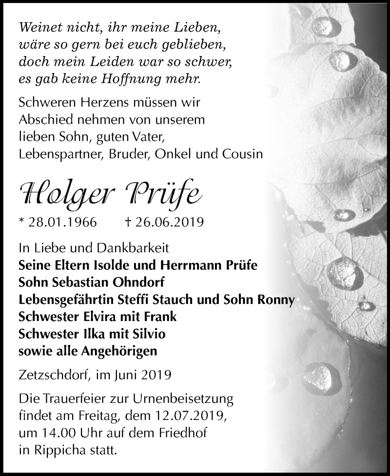  Traueranzeige für Holger Prüfe vom 06.07.2019 aus Super Sonntag Zeitz