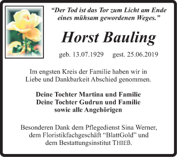 Traueranzeige von Horst Bauling von Wochenspiegel Quedlinburg