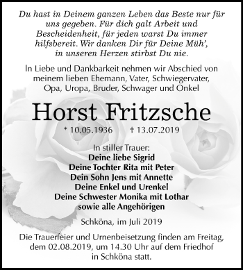 Traueranzeige von Horst Fritzsche von Mitteldeutsche Zeitung Wittenberg