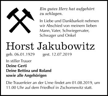 Traueranzeige von Horst Jakubowitz von Mitteldeutsche Zeitung Wittenberg