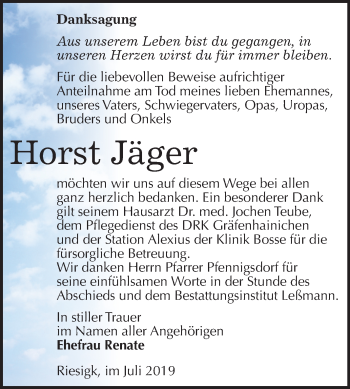 Traueranzeige von Horst Jäger von Super Sonntag Wittenberg