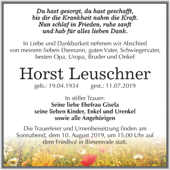 Traueranzeige von Horst Leuschner von Super Sonntag Mansfelder Land