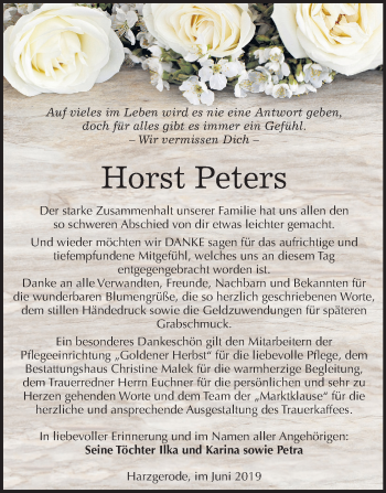 Traueranzeige von Horst Peters von Mitteldeutsche Zeitung Quedlinburg