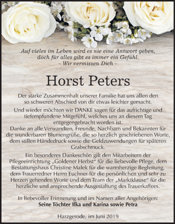 Traueranzeige von Horst Peters von Super Sonntag Quedlinburg