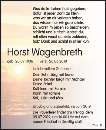 Traueranzeige von Horst Wagenbreth von Mitteldeutsche Zeitung Zeitz