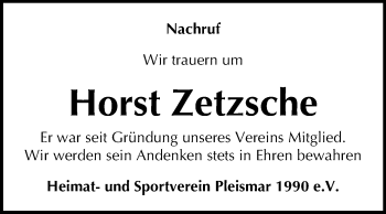 Traueranzeige von Horst Zetzsche von Wochenspiegel Naumburg/Nebra