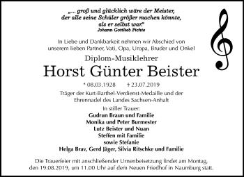 Traueranzeige von Horst Günter Beister von Wochenspiegel Naumburg/Nebra