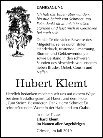 Traueranzeige von Hubert Klemt von Super Sonntag Wittenberg
