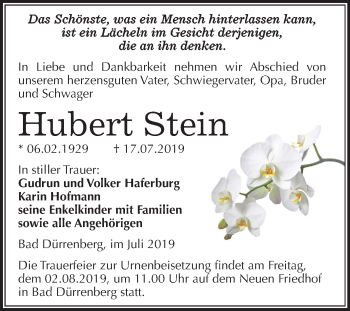 Traueranzeige von Hubert Stein von Mitteldeutsche Zeitung Merseburg/Querfurt