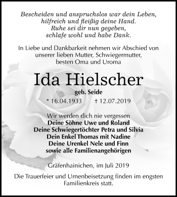 Traueranzeige von Ida Hielscher von Mitteldeutsche Zeitung Wittenberg