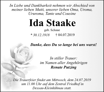 Traueranzeige von Ida Staake von Super Sonntag Dessau-Roßlau