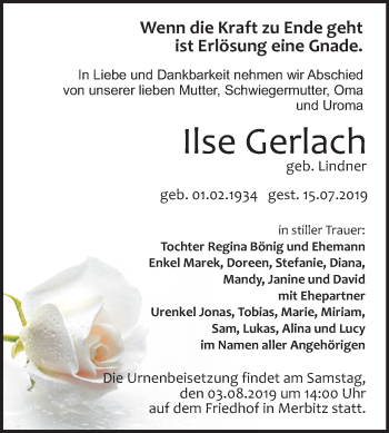Traueranzeige von Ilse Gerlach von Mitteldeutsche Zeitung Halle/Saalkreis