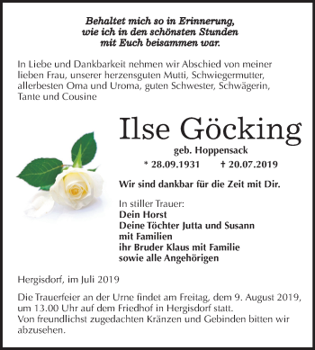 Traueranzeige von Ilse Göcking von Wochenspiegel Mansfelder Land