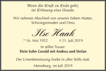 Traueranzeige von Ilse Haak von Mitteldeutsche Zeitung Merseburg/Querfurt