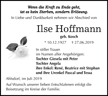 Traueranzeige von Ilse Hoffmann von Mitteldeutsche Zeitung Mansfelder Land