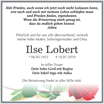 Traueranzeige von Ilse Lobert von Super Sonntag Wittenberg