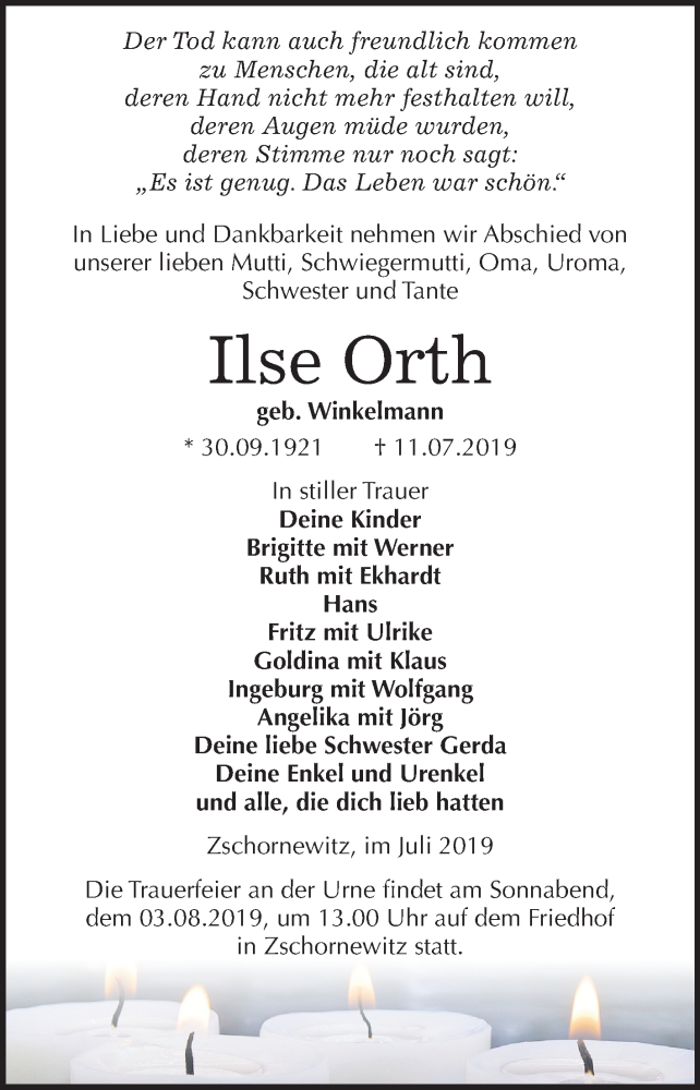  Traueranzeige für Ilse Orth vom 20.07.2019 aus Super Sonntag Wittenberg