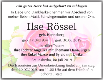 Traueranzeige von Ilse Rössel von Super Sonntag Merseburg/Querfurt
