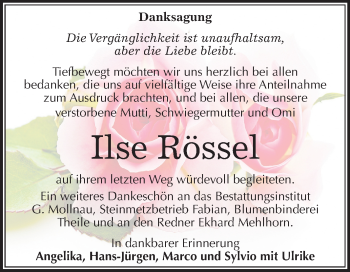 Traueranzeige von Ilse Rössel von Super Sonntag Merseburg/Querfurt
