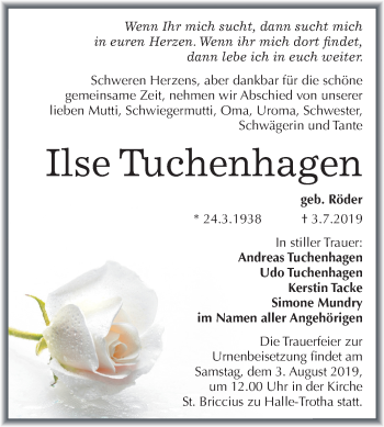 Traueranzeige von Ilse Tuchenhagen von Mitteldeutsche Zeitung Bitterfeld / Halle/Saalkreis
